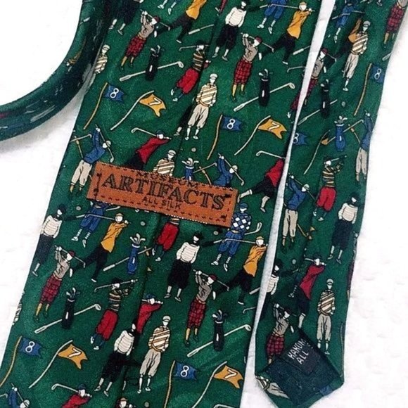 Mens Museum Artifacts Golf Theme Green Silk Tie - Picture 2 of 2